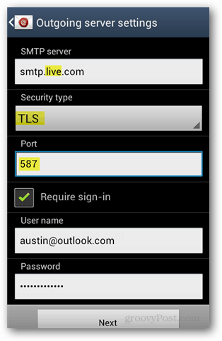 outlook.com smtp settings android