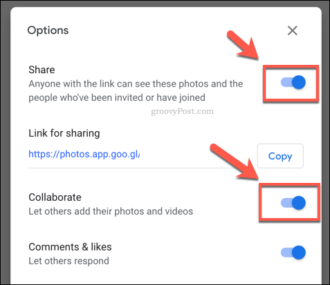Opciones para compartir álbumes en Google Photos