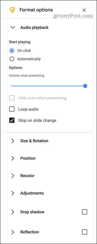 opciones de audio de diapositivas de google