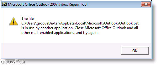 Captura de pantalla: ventana de mensajes de reparación de Outlook 2007 ScanPST