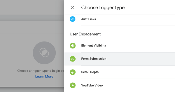 Use Google Tag Manager con Facebook, paso 19, opciones de menú para elegir el tipo de activador en Google Tag Manager