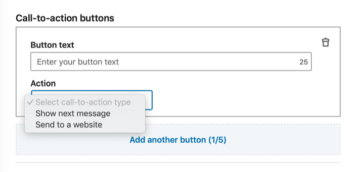 Sección de botones de llamada a la acción para la configuración de anuncios de conversación de LinkedIn
