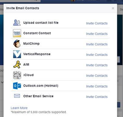 función de importación de contactos de correo electrónico de la página de Facebook