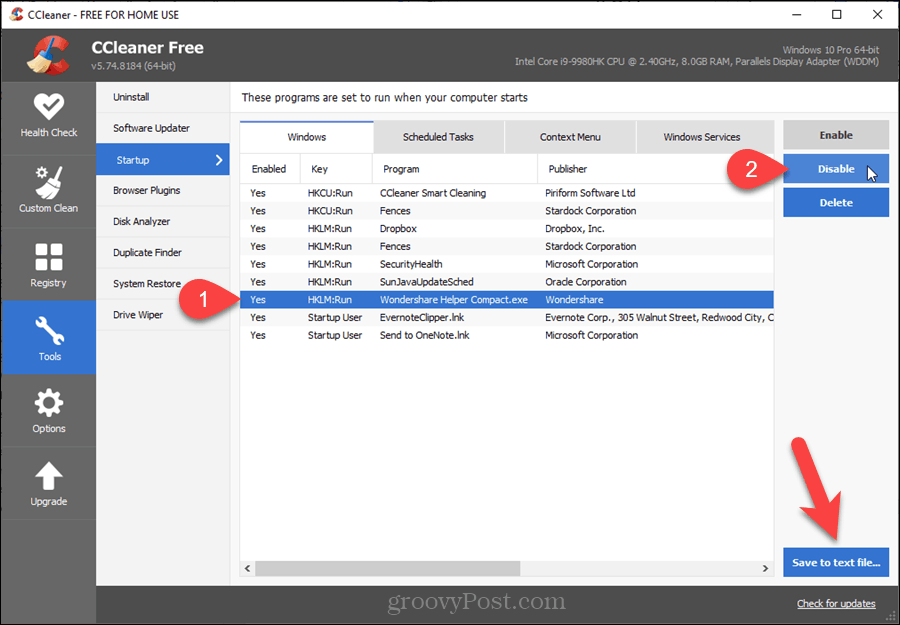 Programas de inicio en CCleaner