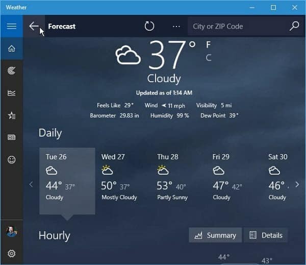 Pronóstico de la aplicación meteorológica de Windows 10