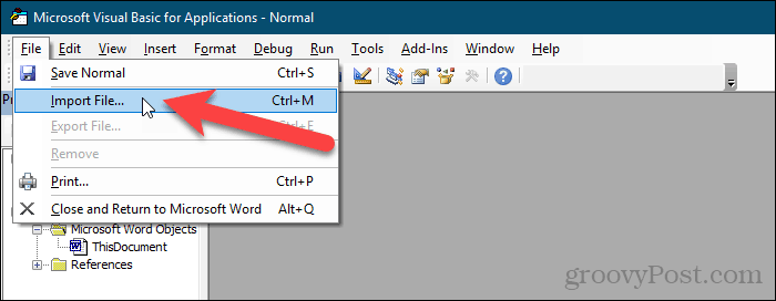 Vaya a Archivo> Importar archivo en el editor VBA en Word