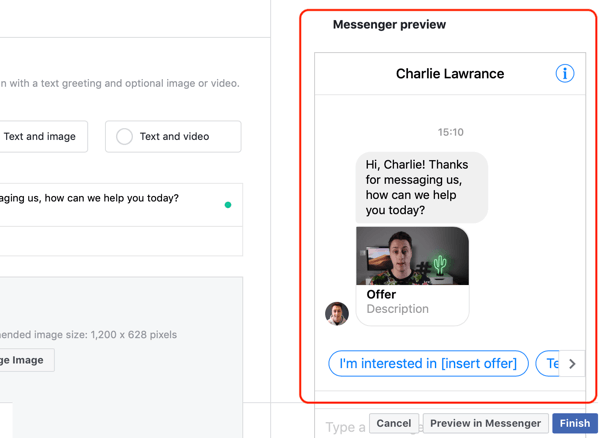 Cómo dirigirse a clientes potenciales cálidos con anuncios de Facebook Messenger, paso 14, vista previa de la plantilla personalizada de destino de messenger