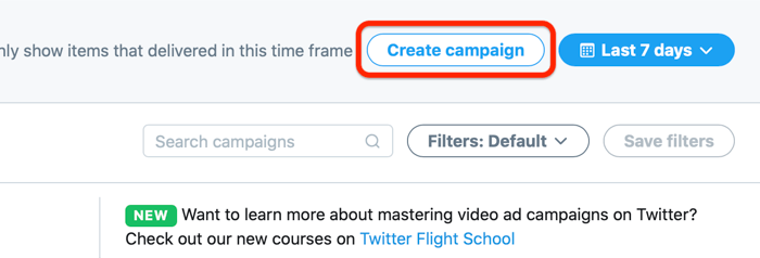 captura de pantalla de la cuenta de anuncios de Twitter y la opción de crear una campaña