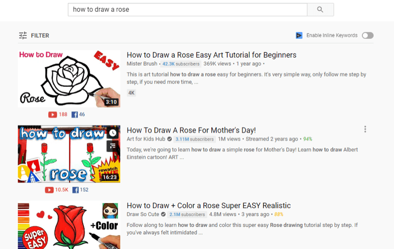 ejemplo del mejor video de youtube en los resultados de búsqueda de youtube para 'cómo dibujar una rosa'