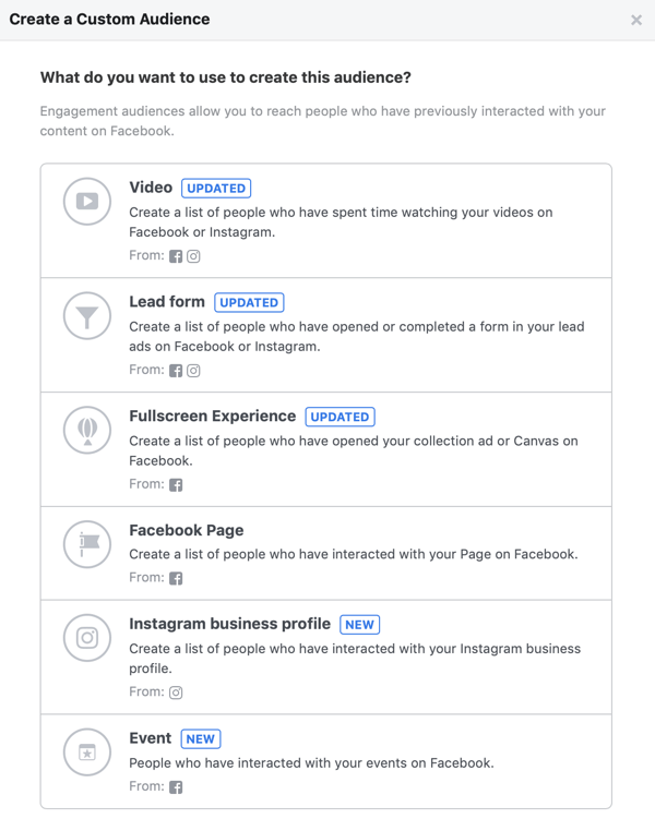 Opciones de lo que desea utilizar para crear esta audiencia para su audiencia personalizada de Facebook.