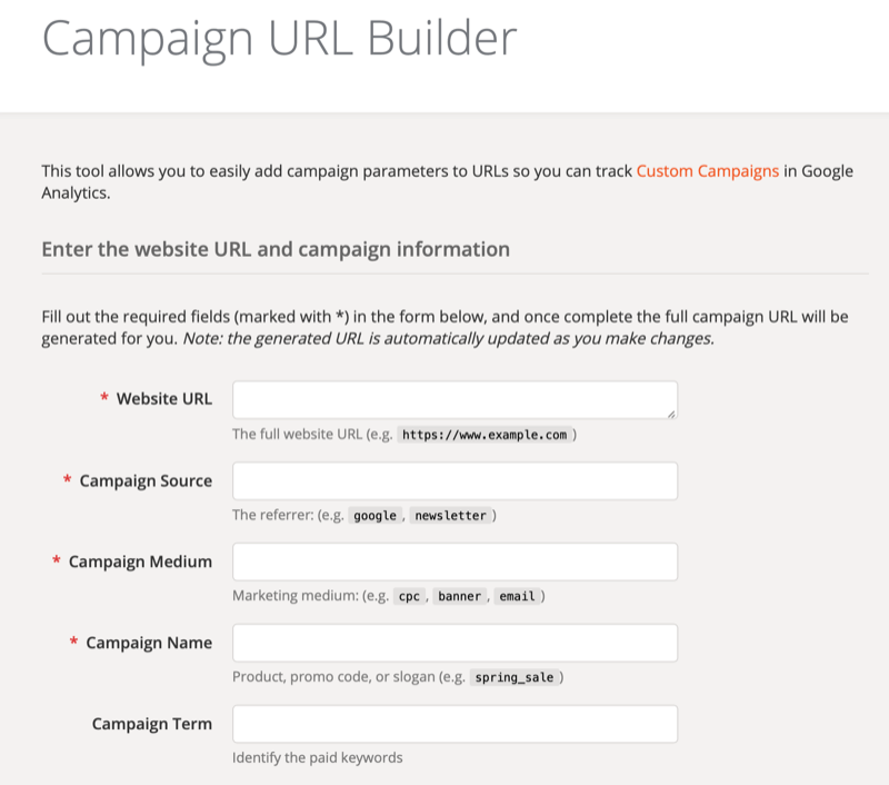Pantalla de configuración de la herramienta Google Analytics Campaign URL Builder