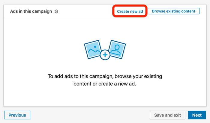 Crear nueva opción de anuncio en la configuración de la campaña de LinkedIn