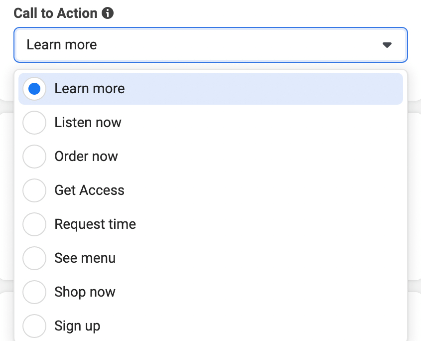 imagen de las opciones del botón Llamada a la acción en Meta Ads Manager