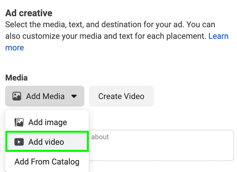 imagen de la opción Agregar video durante la configuración de anuncios de Instagram