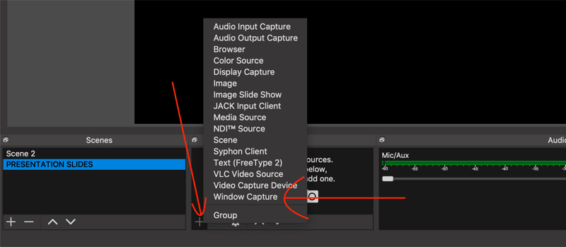 seleccione la opción de captura de ventana en OBS Studio