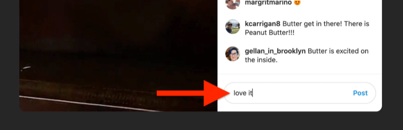 x Ejemplo de captura de pantalla de un Instagram en vivo con el cuadro de comentarios resaltado y poblado por un espectador que dice 'me encanta'