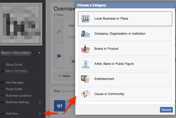 página de facebook elegir categoría de negocio