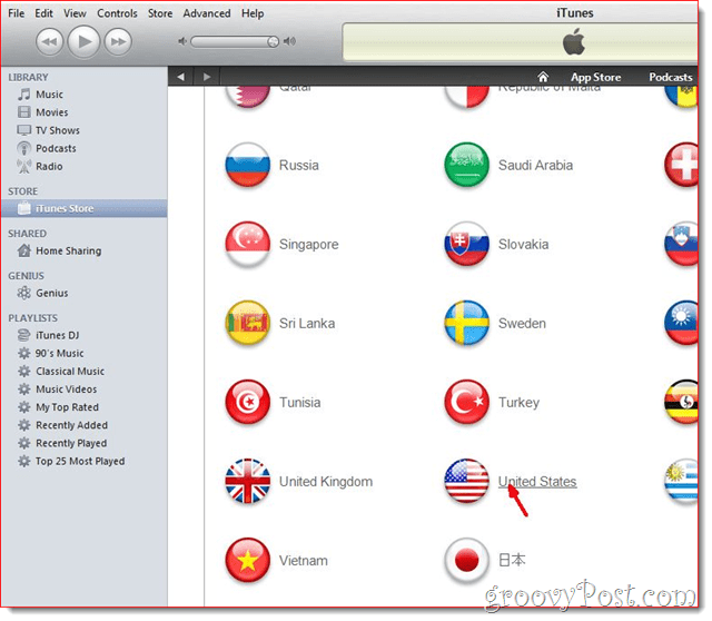 iTunes - Haz clic en Bandera del Estado Unido
