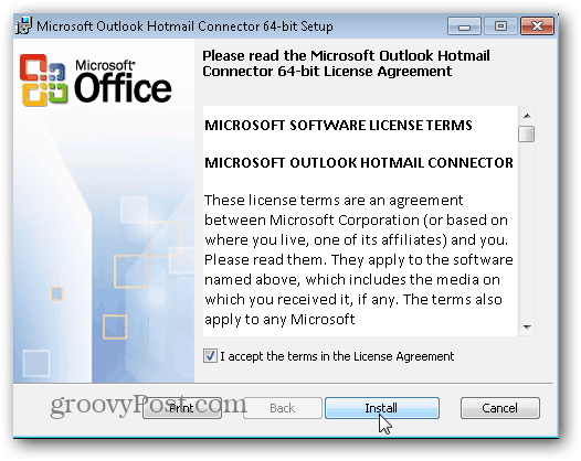 Outlook.com Outlook Hotmail Connector: haga clic en Instalar