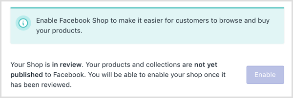 Shopify muestra un mensaje en línea de que su tienda de Facebook está bajo revisión.