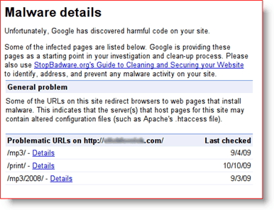 Detalles de malware de herramientas para webmasters de Google
