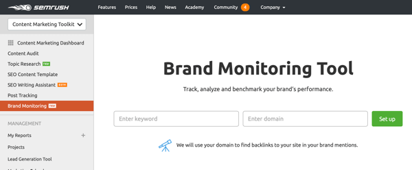 Ejemplo de la herramienta Brand Monitoring de SEMrush.