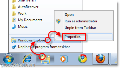 ajustar las propiedades del acceso directo de la barra de tareas del explorador de Windows