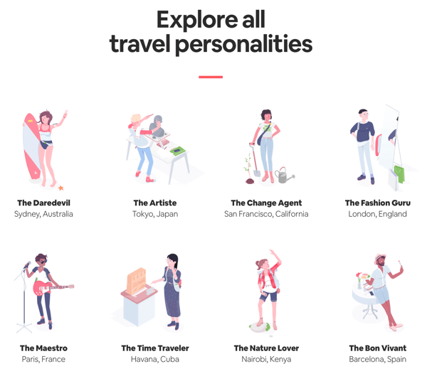 Ejemplo de una página de todos los resultados con resultados que el usuario puede explorar del cuestionario Travel Matcher de Airbnb.