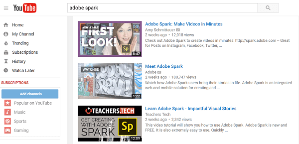 búsqueda de youtube de adobe spark