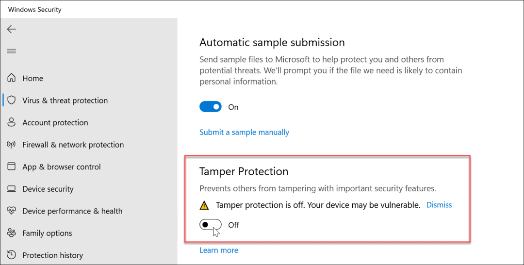 Protección contra manipulaciones activada o desactivada en Windows 11