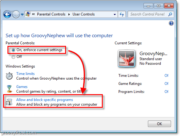 activar los controles parentales en Windows 7 para un usuario específico y luego permitir y bloquear programas específicos