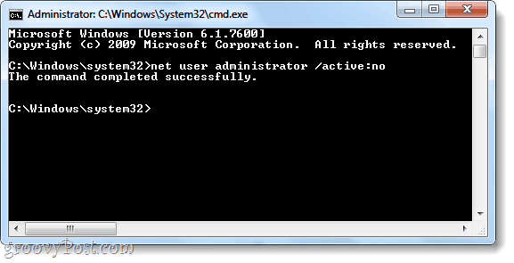 comando de usuario de red para desactivar la cuenta de administrador de Windows 7