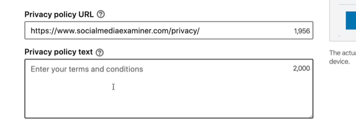 captura de pantalla de los campos de privacidad para el formulario de generación de clientes potenciales en la configuración de anuncios de LinkedIn