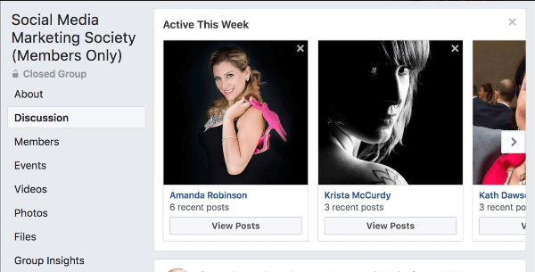 Facebook destaca qué miembros del grupo han sido los más activos esta semana en el grupo.