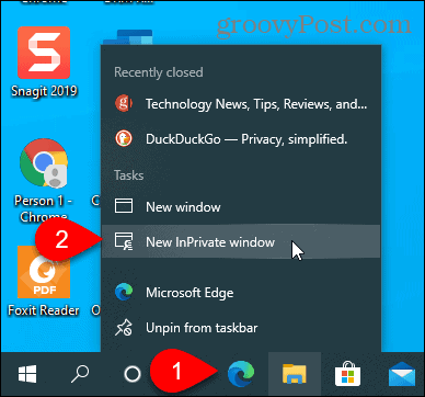 Seleccione el icono Nueva ventana de InPrivate en Edge en la barra de tareas