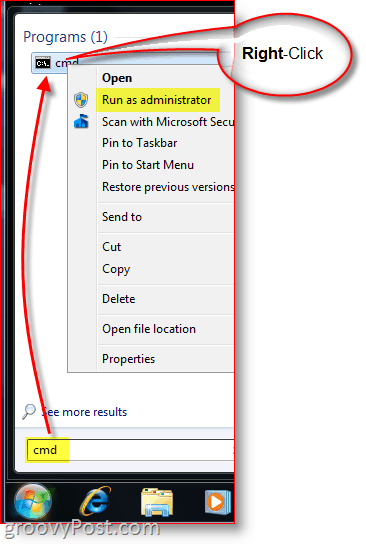 Inicie CMD: símbolo del sistema de Windows como administrador con clic derecho
