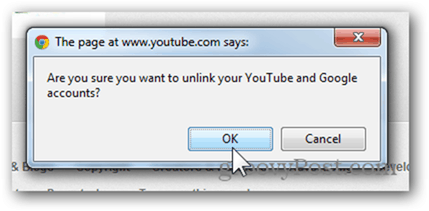 Vincular una cuenta de YouTube a una nueva cuenta de Google: haga clic en Aceptar para desvincular la cuenta