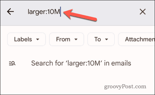 Configurar criterios de tamaño de correo electrónico en la barra de búsqueda de Gmail en dispositivos móviles