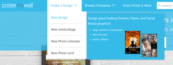 Seleccione Crear un diseño> Nuevo diseño para crear un gráfico con PosterMyWall.