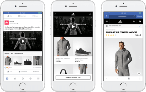 Con el nuevo formato de anuncios de colección de Facebook, las marcas pueden presentar un video o imagen principal que conduzca a una experiencia de compra inmersiva y de carga rápida en Facebook. 