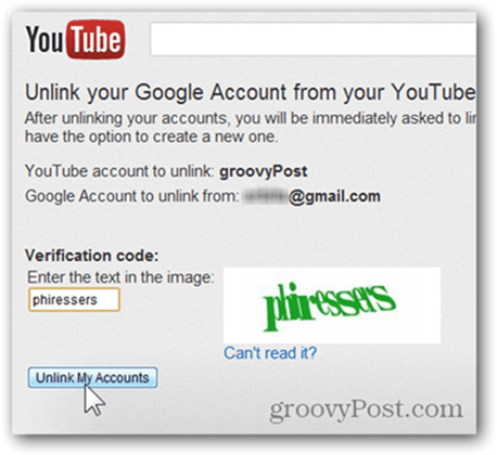Vincular una cuenta de YouTube a una nueva cuenta de Google: haga clic en Desvincular cuentas