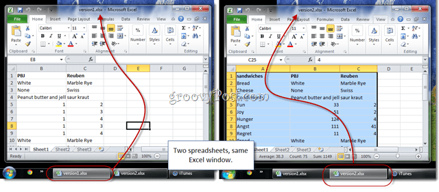 dos hojas de cálculo de Excel en la misma ventana
