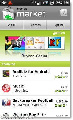 pantalla de Android Market