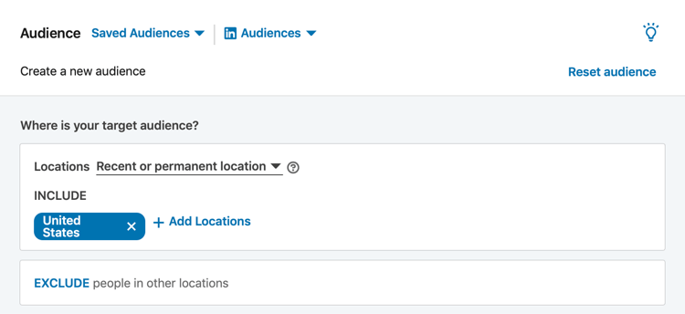 Sección de audiencia de LinkedIn durante la configuración de la campaña