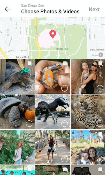 ejemplo crear una guía de lugares de instagram para @sandiegozoo en la opción de seleccionar fotos y videos con varias publicaciones de ejemplo que se ofrecen para su selección