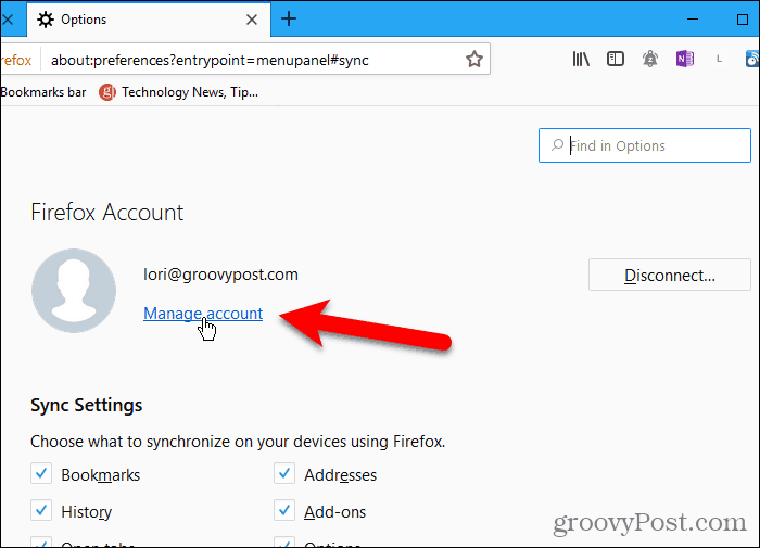 Haga clic en Administrar cuenta en Firefox para Windows