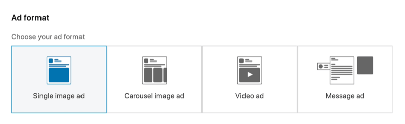 captura de pantalla de la opción de anuncio de imagen única seleccionada para el formato de anuncio de LinkedIn