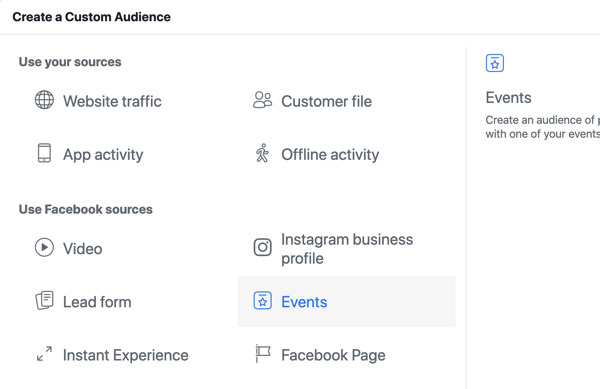 Cómo promocionar su evento en vivo en Facebook, paso 10, crear una audiencia personalizada en Facebook Ads Manager en función de las visitas a la página del evento