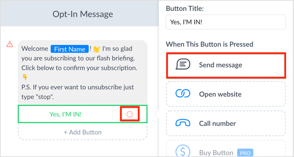 Haga clic en el botón de opción junto a su botón de llamada a la acción y haga clic en Enviar mensaje.