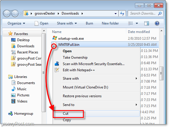 mover el archivo bin desbloqueado a una nueva carpeta en Windows 7 usando cortar